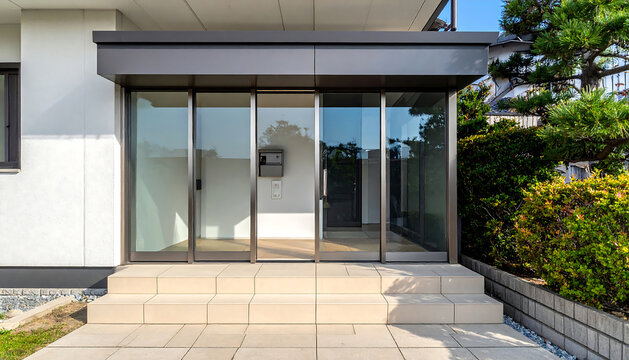 シンプルモダンな玄関フード風除室が調和した戸建エクステリアのスタイリッシュな印象