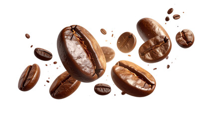 Scattered Coffee Bean Pieces in Floating Burst, Minimalist White Background PNG.