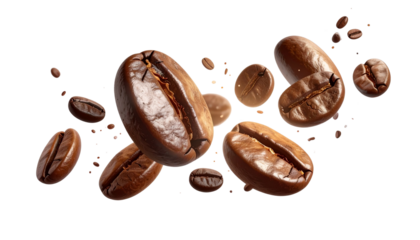 Scattered Coffee Bean Pieces in Floating Burst, Minimalist White Background PNG.