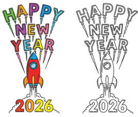 Happy New Year 2026 Rocket Launch Colorful Outline Design