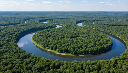 Aerial view of a winding river meandering through lush green forests, showcasing the natural beauty and tranquility of a serene landscape in a vibrant ecosystem
