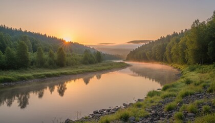 Serene landscape at sunrise, showcasing a tranquil river reflecting golden light, surrounded by lush green trees and misty hills, creating a peaceful natural scene