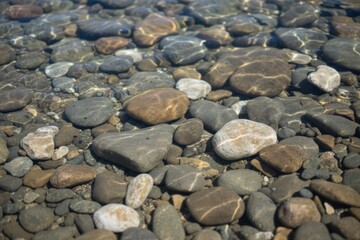 Underwater view of smooth pebbles and stones resting on the riverbed, showcasing natural textures and colors, creating a serene aquatic environment with clear water