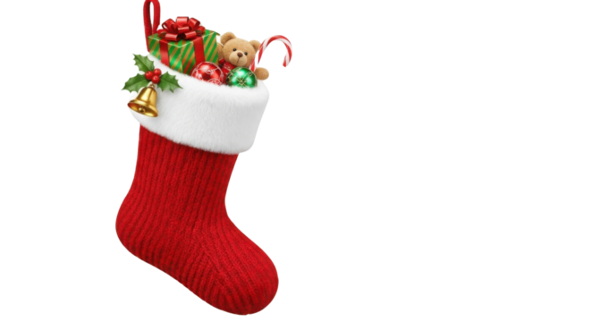Red Christmas stocking stuffed with a gift and toy isolated PNG with Transparent Background