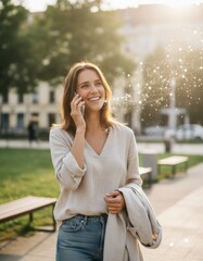Smiling woman with brown hair, wearing casual attire, is talking on a smartphone while walking in a park, surrounded by greenery and digital connection graphics, showcasing modern communication
