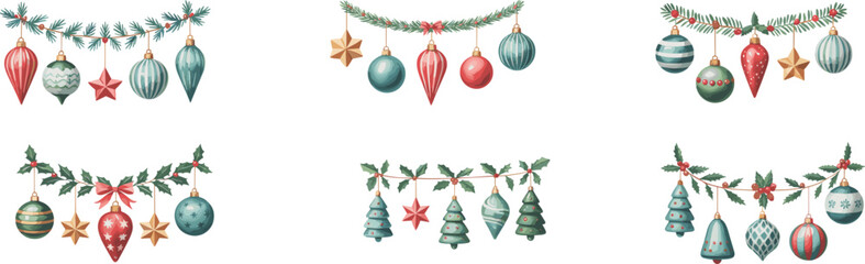 Christmas garlands with ornaments, festive evergreen branches, holiday decorations, baubles, pinecones, stars, trees, white background
