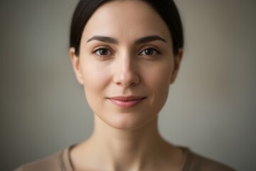 Young woman with dark hair and natural makeup, smiling softly against a neutral background, conveying warmth and approachability in a portrait setting