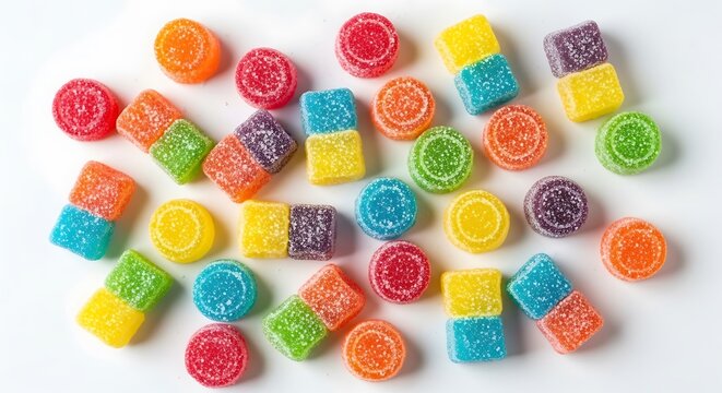 Colorful gumdrops isolated on white background, a sweet and sugary treat for everyone