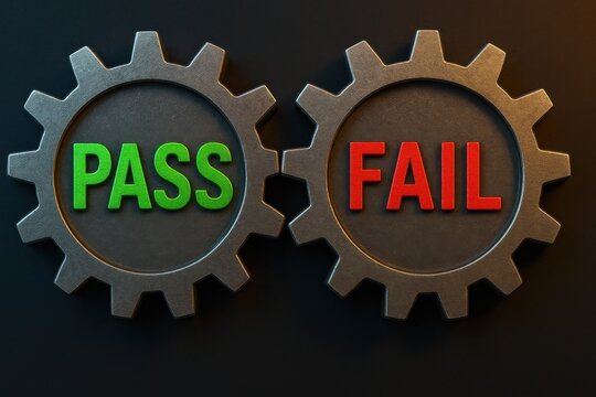 Metal Gears with Pass and Fail Labels Indicating Success and Failure in Business or Education Contexts