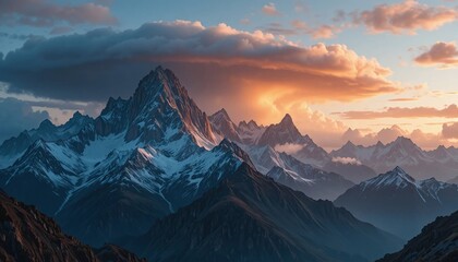 Obraz premium Dramatic snow-capped peaks pierce a vibrant sunset sky, casting golden light over a vast alpine panorama. Breathtaking and serene natural grandeur