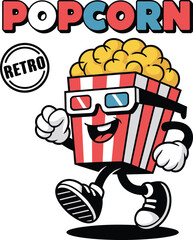 Retro cartoon popcorn character, walking with 3D glasses, striped box design, fun snack mascot, movie theme vector illustration, stock image
