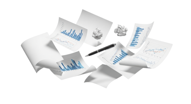 Business documents with charts, pen and crumpled paper isolated PNG with Transparent Background
