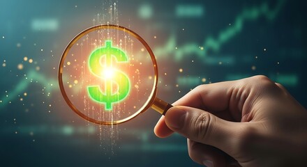 Hand Holding Magnifying Glass Focused on Green Dollar Sign with Financial Data Background