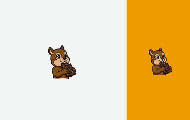 mascot logo illustration of squirrel eat chocolate. isolated Vector design template.