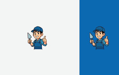 A handyman bricklayer  cartoon construction mascot character man holding a trowel tool. isolated Vector design template.