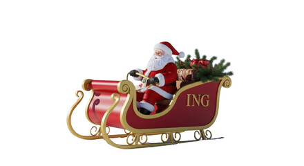 Santa Claus driving sleigh with ING logo for Christmas holiday isolated PNG with Transparent Background