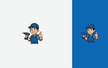 Handyman Mascot Holding Power Drill Repair Service Logo for industry and service. isolated Vector design template.