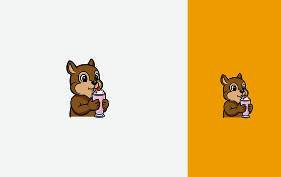 mascot logo illustration of squirrel drink a juice. isolated Vector design template.