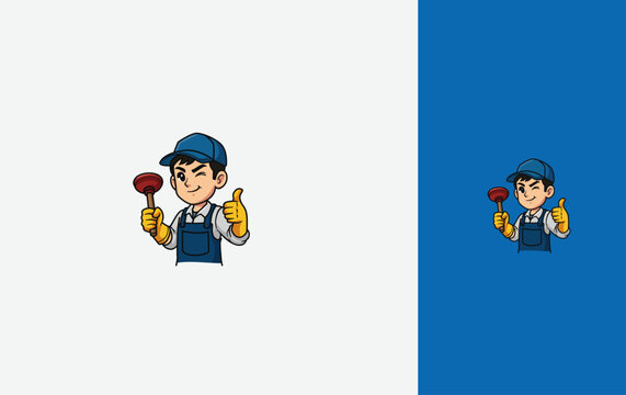 Mascot handyman plumbing  cartoon mascot man holding a drain plunger tool. isolated Vector design template.