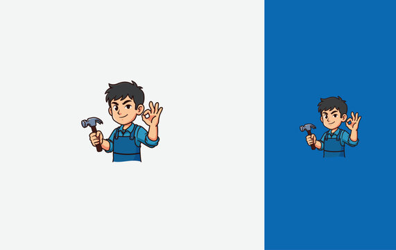 Handyman Mascot Holding hammer Repair Service Logo. isolated Vector design template.