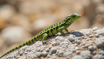 A vibrant green and black striped lizard basks majestically on sun-warmed rocks, a captivating portrait of wild beauty and intricate natural patterns in its serene habitat