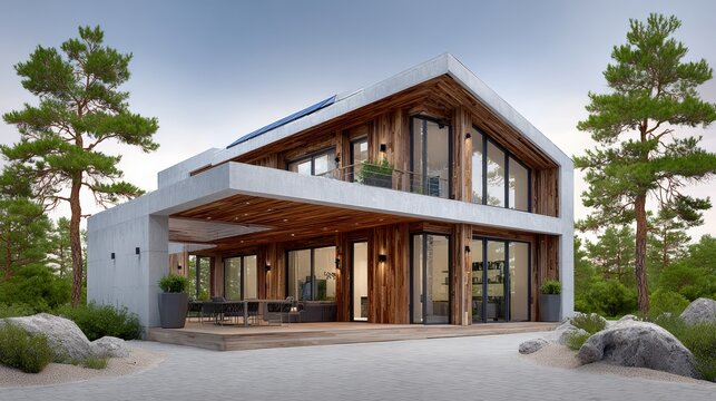Modern architectural design of a sustainable house featuring large glass windows, wooden accents, and a spacious outdoor patio surrounded by greenery, showcasing contemporary living in harmony with na