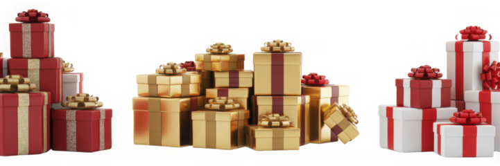 Stacks of gold and red gift boxes with ribbons presents for Christmas or birthday celebrations isolated on a white background