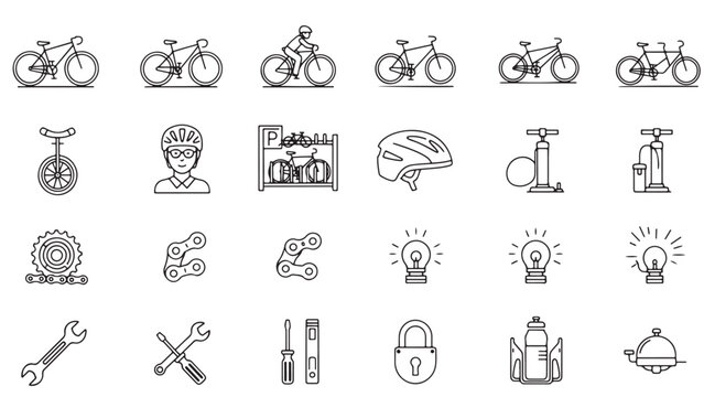 Bicycle Line Icon Set, Vector Pictograms of Mountain Bike, Parking, Tracker, Light, Bell, Group Ride, Downhill, Thin Linear Illustration