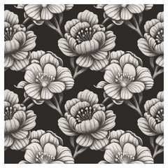 This elegant floral design features intricately detailed flowers in soft grayscale, set against a rich black background. The contrast between the delicate flower illustrations and the dark backdrop.