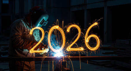 Welder creating 2026 sign from sparks, industial Christmas concept, New Year's greeting card