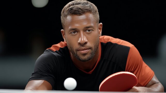 Male table tennis player focused on the game, preparing to strike the ball with paddle, showcasing determination and skill in a competitive sports environment with dramatic lighting