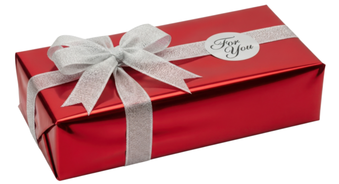 Red gift box with silver ribbon and "For You" sticker isolated PNG with Transparent Background - Powered by Adobe
