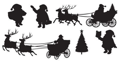 Naklejka premium silhouettes of santa claus reindeer sleigh and 