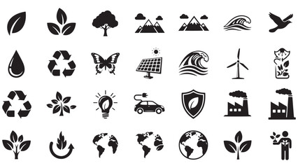 Eco and Sustainability Glyph Icon Set, Vector Pictograms of Recycle, Tree, Solar Panel, Wind Turbine, Environment, Renewable Energy, Conservation Concept, Black Silhouette Illustration