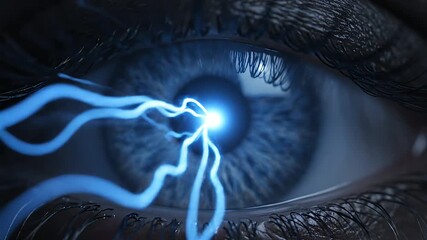 Futuristic Human Eye with Blue Glowing Electric Neural Energy Pulsating Representing AI and Cybernetic Data Processing Concepts - Powered by Adobe