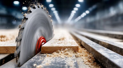 Circular saw blade cutting through wooden plank in a workshop, surrounded by sawdust and tools, showcasing precision craftsmanship and the woodworking process in an industrial environment