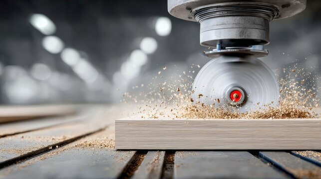 High-speed woodworking tool cutting through wooden plank, creating sawdust and sparks, in a well-lit workshop environment, showcasing precision craftsmanship and the art of woodworking