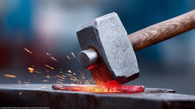 Heavy metal hammer striking glowing red hot iron on an anvil, with sparks flying in the air, showcasing the traditional blacksmithing craft and the artistry of metalworking in action - Powered by Adobe