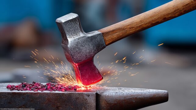 Heavy metal hammer striking hot iron on an anvil, creating sparks and glowing embers, showcasing the traditional blacksmithing craft and the artistry of metalworking in a workshop environment