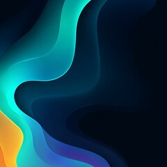 Abstract background with flowing shapes in shades of blue green and yellow on a dark gradient canvas