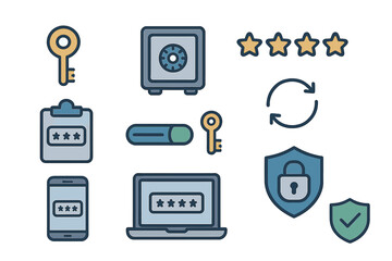 Set of essential icons representing online safety, secure login, data privacy, and digital protection