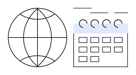 Globe next to calendar with grid and rings. Represents global planning, scheduling, management, international meetings. Ideal for time management, travel, globalization, logistics coordination