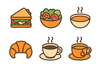Set of six colorful food and beverage icons for breakfast and lunch menus