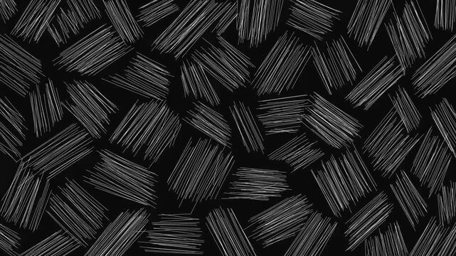 Black and white looped animation with hand drawn white diagonal stripes. Hand-drawn white diagonal striped pattern on black background. Pattern of white diagonal stripes, sketched in a patchwork style