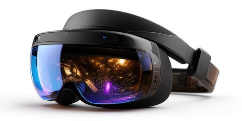 Immersive virtual reality headset transports user to vibrant digital world, showcasing cutting edge technology and futuristic experiences.