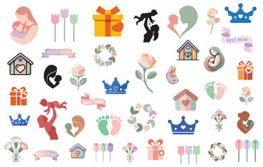 Fototapeta premium Mother’s day & baby shower pastel icons of mom and child silhouettes, tulips, crowns & gifts flat vector elements illustration set
