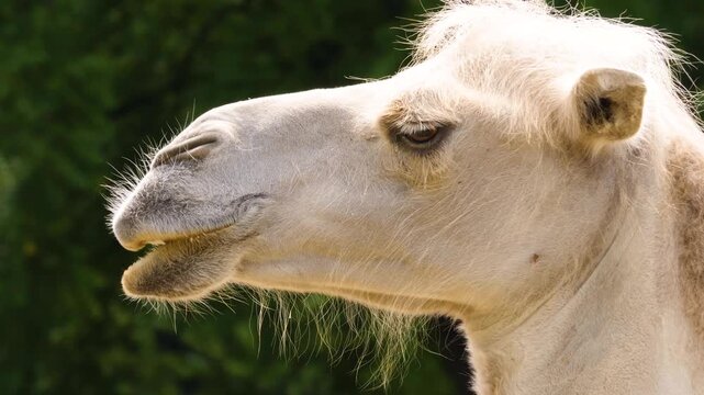Close up of camel head with very little hair ona sunny spring day