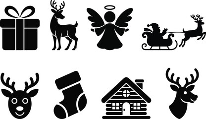 Collection of festive christmas icons including gift box reindeer angel sleigh and stocking