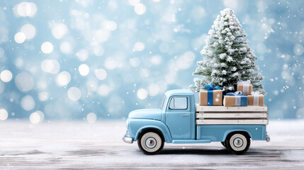 Blue retro toy truck carries a Christmas tree and gifts against a blue snowy background.