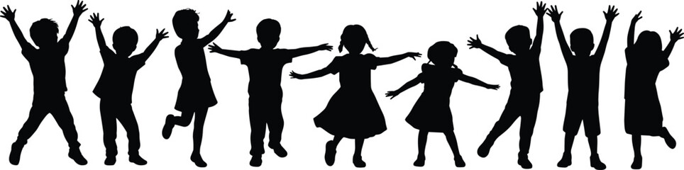 Children silhouettes, dancing, jumping, playful poses, black figures, white background, joyful kids, expressive movement, celebration, fun, happy group, childhood energy